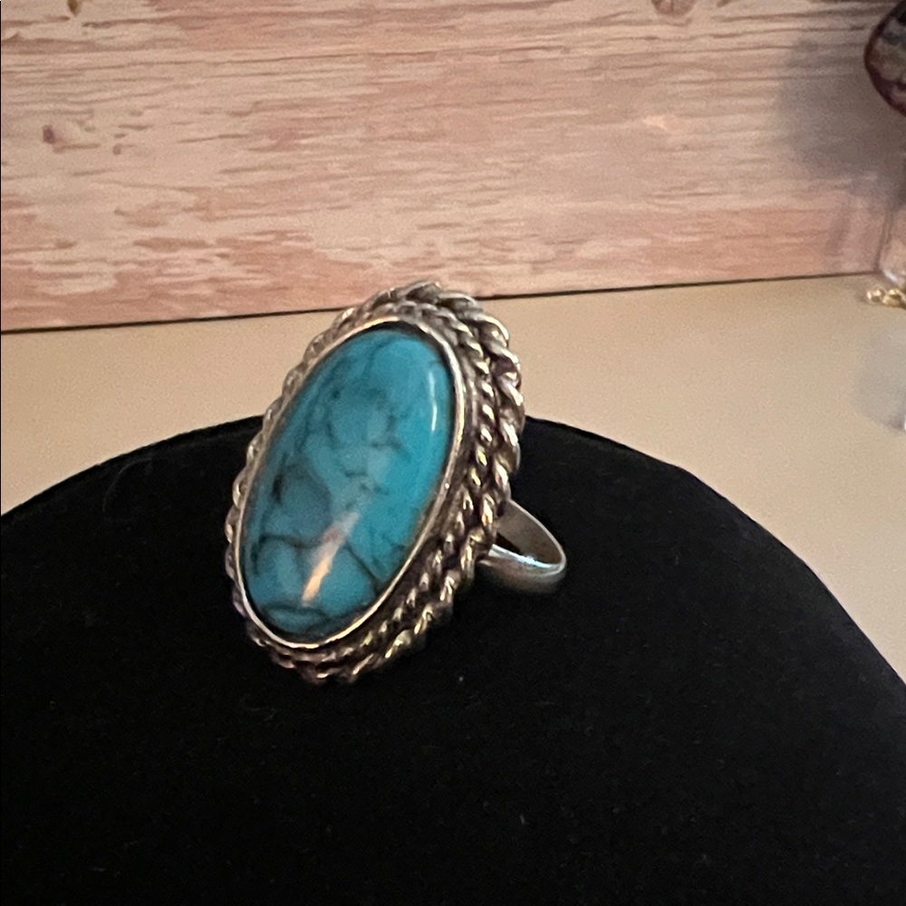 Estate Sale Find! Vintage Faux Turquoise Silver Ring Size Adjustable